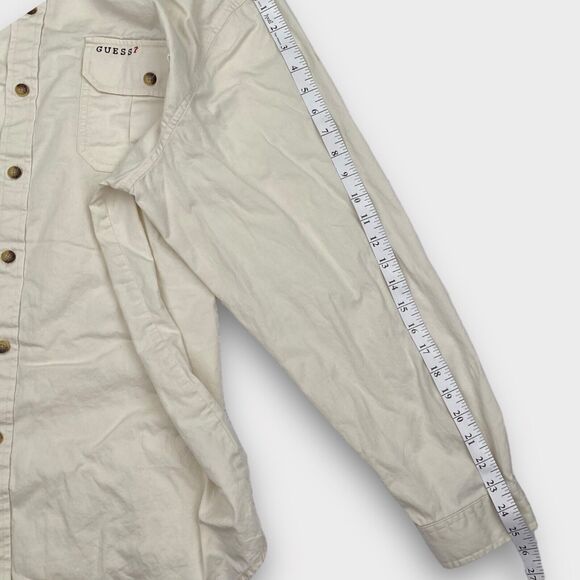 VINTAGE 90s Guess Shirt Mens Large Cream Twill Button Up Logo Casual Classic Fit - Picture 13 of 15